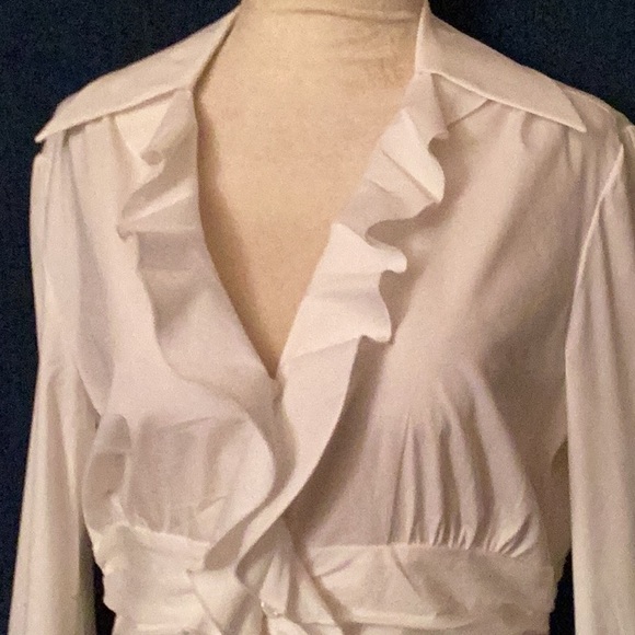PER SE white, long sleeves, button down, gather pleated waist, elegant shirt # 6 - Picture 2 of 10